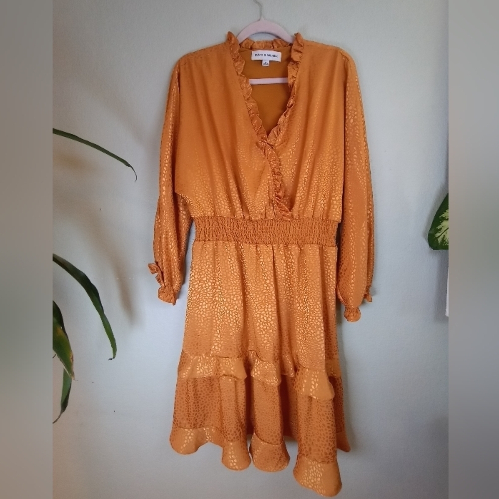 Emma and Michelle Silky Copper Animal Print Ruffle V Neck Long Sleeve Boho Dress